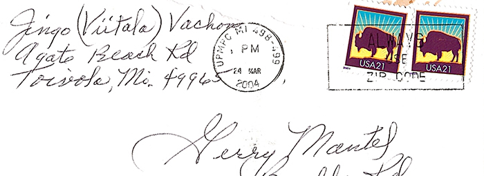 postmark from 2004 card sent to Gerry Mantel by Jingo Viitala Vachon