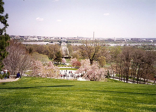 looking down in Arlington Cemetery toward JFK gravesite and Washington, D.C.